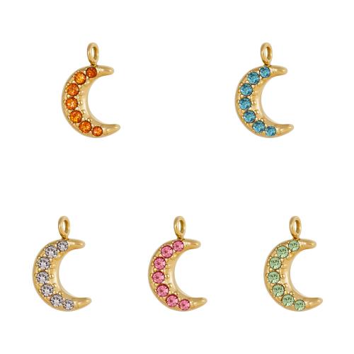 Acier inoxydable 304 Pendentif, lune, Placage de couleur d'or, DIY & pavé de micro zircon, doré, Vendu par PC