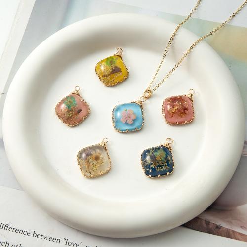 Resin Pendant, with Dried Flower & Brass, plated, DIY & imitation pearl 