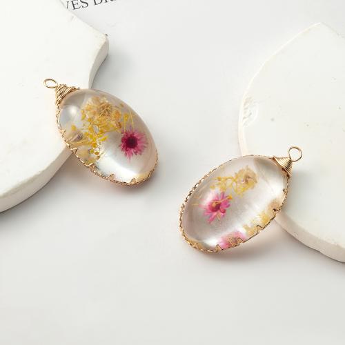 Resin Pendant, with Dried Flower & Brass, plated, DIY 