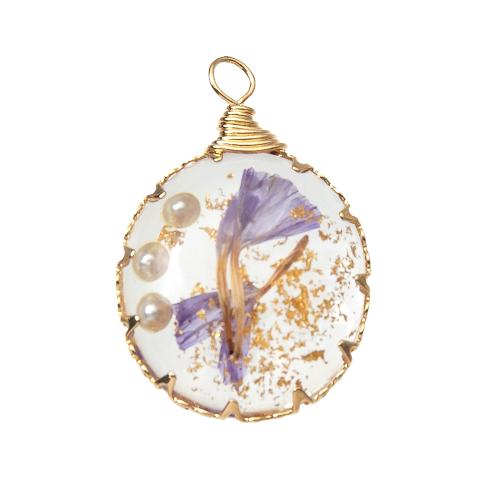 Resin Pendant, with Dried Flower & Brass, plated, DIY & imitation pearl 