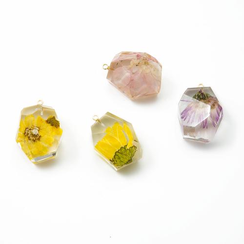Resin Pendant, with Dried Flower & Brass, plated, DIY, mixed colors 