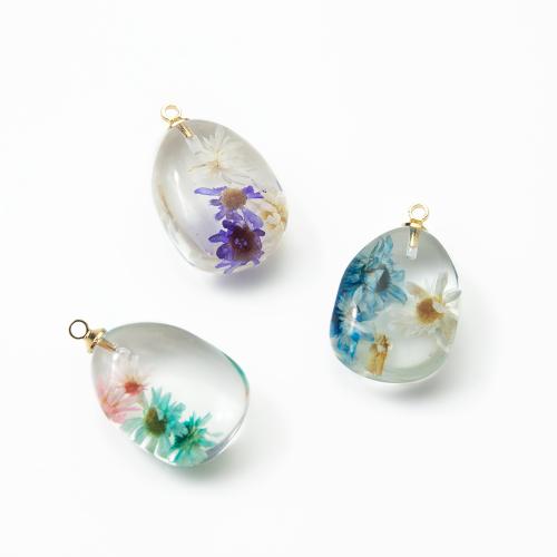 Resin Pendant, with Dried Flower & Brass, plated, DIY 