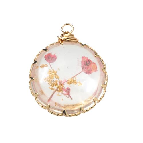 Resin Pendant, with Dried Flower & Brass, plated, DIY, mixed colors 