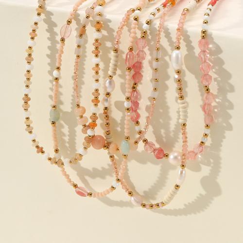 Acier inoxydable 304 collier, avec Pierre naturelle & perle d'eau douce cultivée, Plaqué or 18K, fait à la main & styles différents pour le choix & pour femme, Vendu par PC
