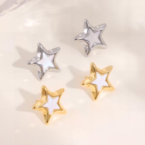 Boucle en acier inoxydable, Acier inoxydable 304, avec coquille blanche, étoile, Placage, bijoux de mode & pour femme, plus de couleurs à choisir, Vendu par paire