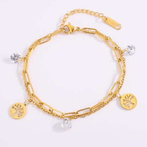 Bracelet en acier inoxydable, Acier inoxydable 304, avec cristal, Placage, Double couche & styles différents pour le choix & pour femme, doré, Vendu par PC