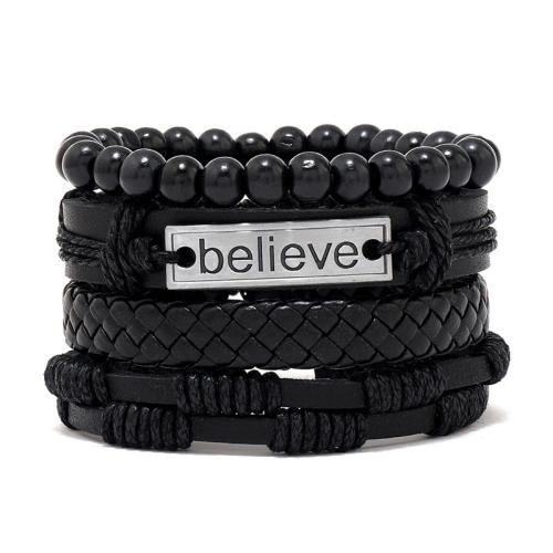 Cowhide Bracelet Set, with Wax Cord & Wood & Zinc Alloy, handmade, multilayer & Unisex Approx 8-10.5 Inch [