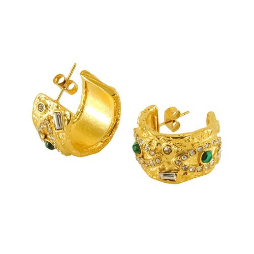 Acier inoxydable 304 boucle d oreille dormeuse, avec Synthétique-Malachite, Plaqué or 18K, bijoux de mode & pavé de micro zircon & pour femme, Vendu par paire