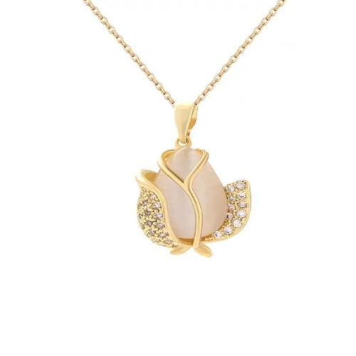 Titanium Steel Jewelry Necklace, with Cubic Zirconia & Cats Eye, plated, fashion jewelry & for woman, golden Approx 41 cm [