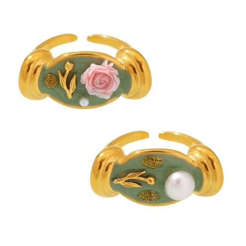 304 Stainless Steel Cuff Finger Ring, with Freshwater Pearl, plated & for woman & enamel US Ring 