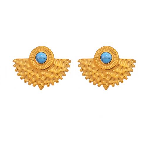 Acier inoxydable 304 boucle d oreille dormeuse, avec turquoise, éventail, Plaqué or 18K, bijoux de mode & pour femme, Vendu par paire