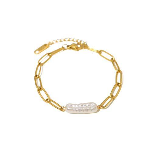 Acier inoxydable 304 bracelet, avec perle d'eau douce cultivée, Plaqué or 18K, bijoux de mode & styles différents pour le choix & pour femme, Vendu par PC