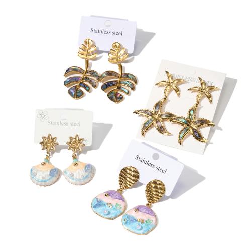 Titanium Steel Earrings, with ABS Plastic Pearl, plated, fashion jewelry & enamel 