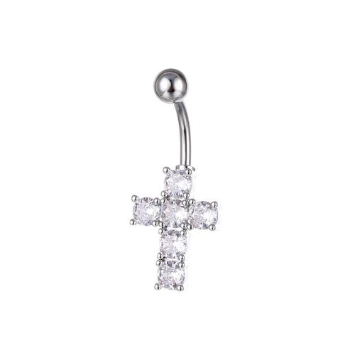 Brass Piercing Barbell, with 316 Stainless Steel, Cross, Unisex & micro pave cubic zirconia 