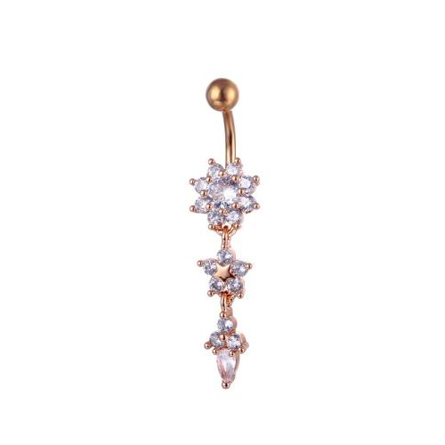 Brass Belly Ring, with 316 Stainless Steel, Flower, plated, Unisex & micro pave cubic zirconia belly ring length 40-50mm 