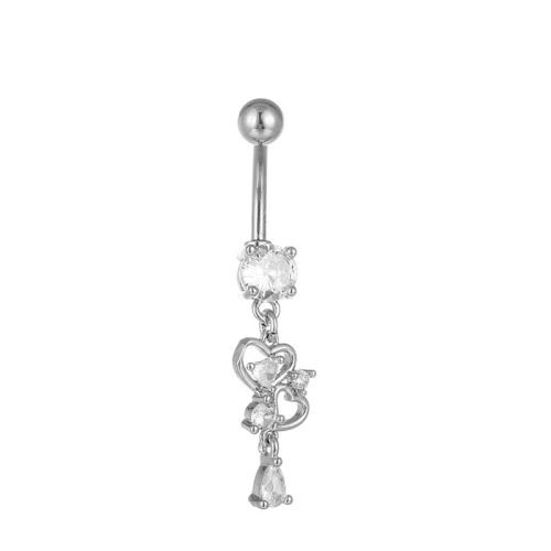 Brass Belly Ring, Heart, plated, Unisex & micro pave cubic zirconia, belly ring length 40-50mm 
