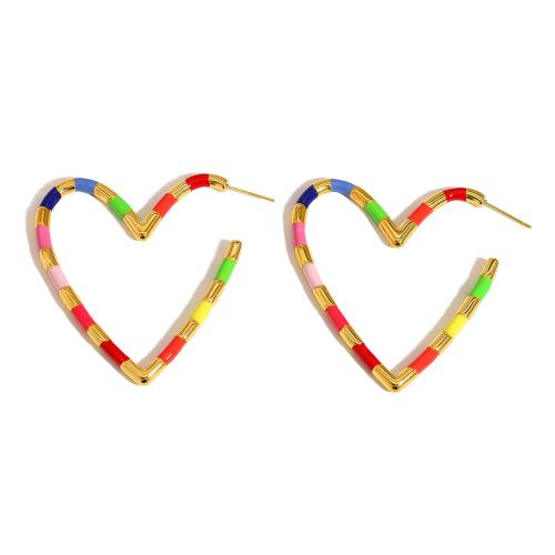 Acier inoxydable 304 boucle d oreille dormeuse, coeur, Plaqué or 18K, normes différentes pour le choix & styles différents pour le choix & pour femme & émail, Vendu par paire