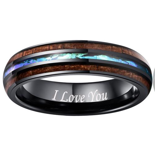 Bague en acier tungsten en vrac, Acier de tungstène, avec Opale & bois, Placage, bijoux de mode & unisexe & normes différentes pour le choix, noire, Vendu par PC