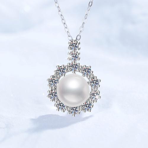Argent sterling 925 collier, avec Moissanite & perle d'eau douce cultivée, avec 2inch chaînes de rallonge, fleur, Chaîne transversale & pour femme Environ 15.7 pouce, Vendu par PC