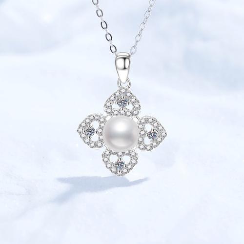 Argent sterling 925 collier, avec Moissanite & perle d'eau douce cultivée, avec 2inch chaînes de rallonge, fleur, Chaîne transversale & pour femme Environ 15.7 pouce, Vendu par PC