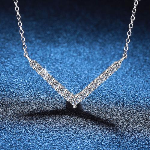 Argent sterling 925 collier, avec Moissanite, avec 2inch chaînes de rallonge, Lettre V, Plaqué de platine, Chaîne transversale & pour femme Environ 15.7 pouce, Vendu par PC