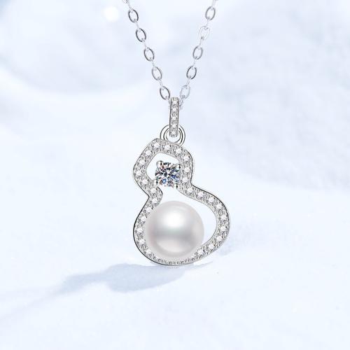 Argent sterling 925 collier, avec Moissanite & perle d'eau douce cultivée, avec 2inch chaînes de rallonge, calebasse, Chaîne transversale & pour femme Environ 15.7 pouce, Vendu par PC
