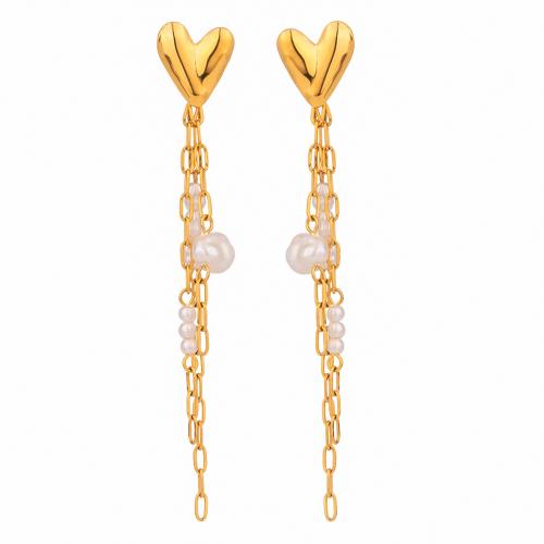 Acier inoxydable 304 boucle d'oreille en gland, avec Shell Pearl, Placage, bijoux de mode & pour femme, doré, Vendu par paire