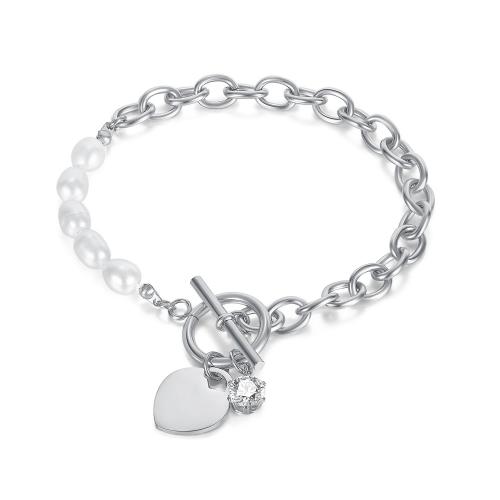 Bracelet en acier inoxydable, Acier inoxydable 304, avec zircon cubique & perle d'eau douce cultivée, Placage, bijoux de mode & pour femme, plus de couleurs à choisir, Vendu par PC