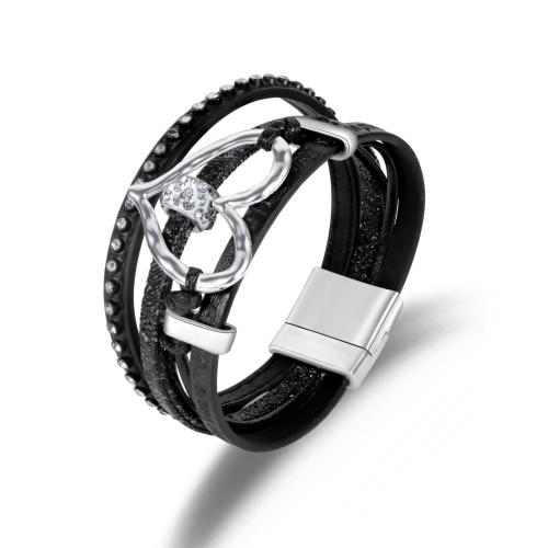 Zinklegierung Armband, mit PU Leder, drei Schichten & für Frau & mit Strass & hohl, keine, Länge:ca. 19.4 cm, verkauft von PC[