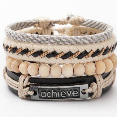 alliage de zinc Set de bracelet, avec cuir de peau de vache & corde de cire & bois, fait à la main, 4 pièces & bijoux de mode & pour homme Environ 28 cm, Vendu par fixé