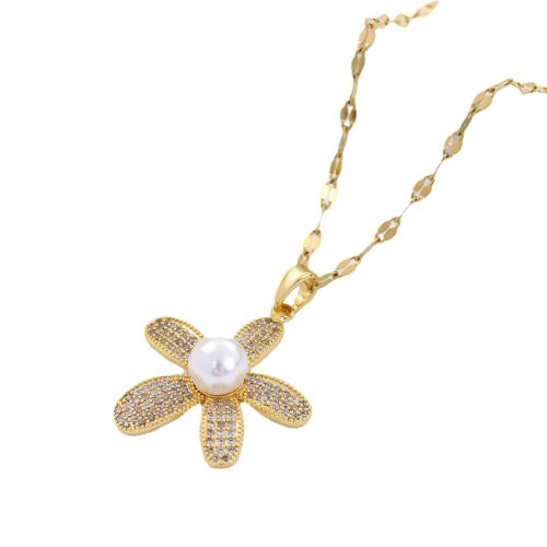 Titanium Steel Jewelry Necklace, with ABS Plastic Pearl & Cubic Zirconia, plated, fashion jewelry & for woman Approx 41 [