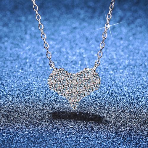 Argent sterling 925 collier, avec Moissanite, avec 2inch chaînes de rallonge, coeur, Plaqué de platine, Chaîne transversale & pour femme Environ 15.7 pouce, Vendu par PC