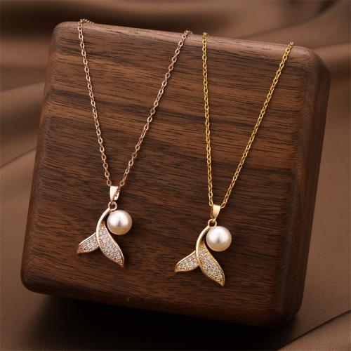 Titanium Steel Jewelry Necklace, with ABS Plastic Pearl & Cubic Zirconia, plated, fashion jewelry & for woman [