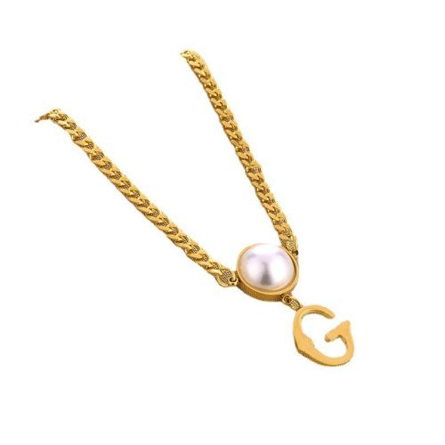 Titanium Steel Necklace, with ABS Plastic Pearl, plated, fashion jewelry & for woman, golden Approx 41 cm 