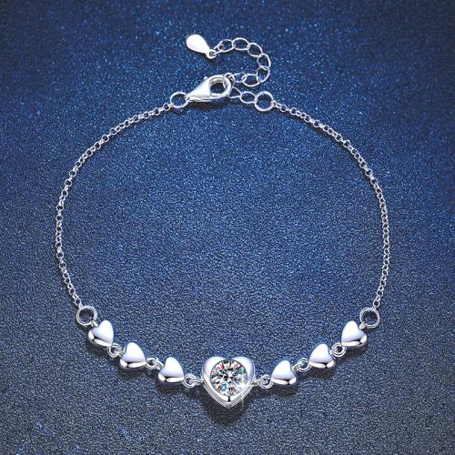 Argent sterling 925 bracelet, avec Moissanite, avec 1.2inch chaînes de rallonge, coeur, Plaqué de platine, bijoux de mode & pour femme Environ 6.3 pouce, Vendu par PC[