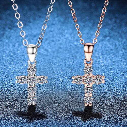 925 Sterling Silver Necklace, with Moissanite, with 2inch extender chain, Cross, cross chain & for woman Approx 15.7 Inch 
