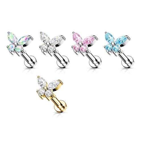 Acier inoxydable 304 Goujons perforés pour les lèvres, papillon, Placage, pavé de micro zircon & pour femme, plus de couleurs à choisir, 10mm, Vendu par PC