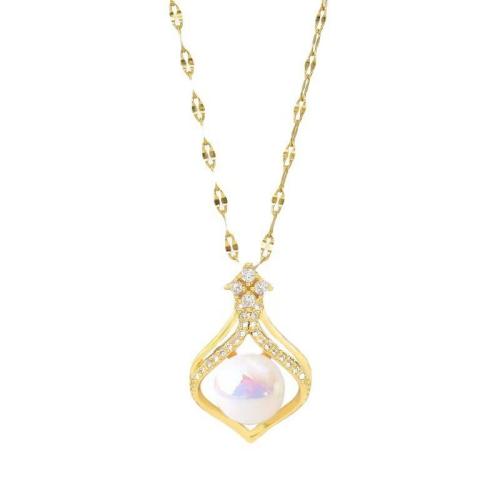 Titanium Steel Jewelry Necklace, with ABS Plastic Pearl & Cubic Zirconia, plated, fashion jewelry & for woman Approx 41 cm 