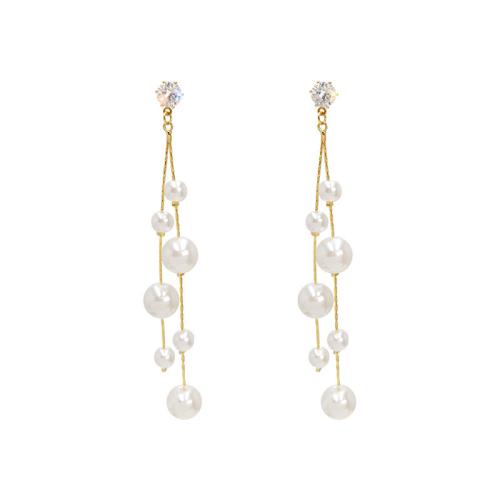 perle de plastique boucle d'oreille en gland, avec alliage de zinc, Placage de couleur d'or, pour femme & avec strass, 100mm, Vendu par paire