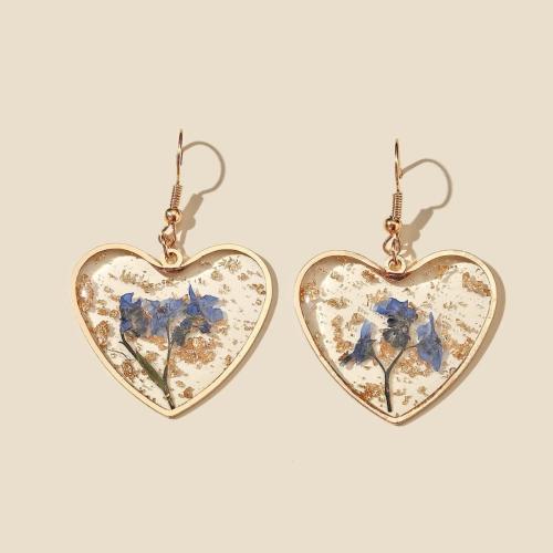 Resin Drop Earring, with Dried Flower & Zinc Alloy, Heart, gold color plated, fashion jewelry & for woman, earring length 30-50mm 
