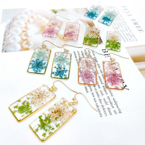 Resin Drop Earring, with Dried Flower & Zinc Alloy, Rectangle, plated, for woman & epoxy gel 