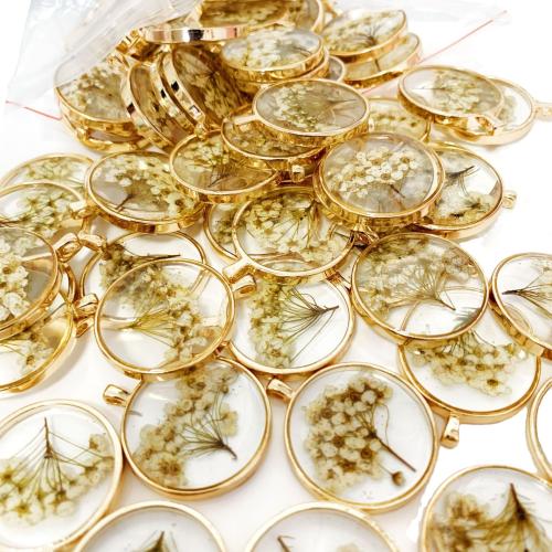 Resin Pendant, with Dried Flower & Zinc Alloy, Round, epoxy gel, DIY pendant length 30-35mm 