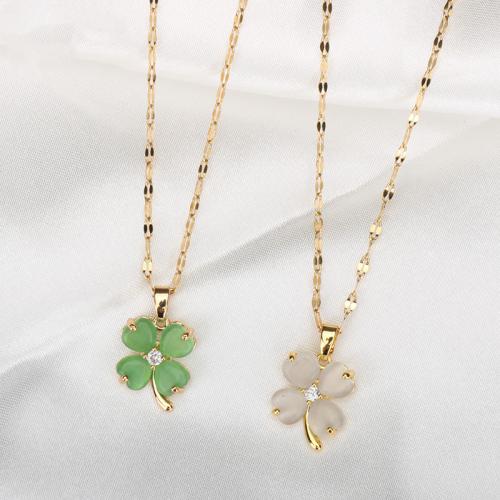 Titanium Steel Necklace, with Jade, Four Leaf Clover, gold color plated & for woman Approx 16-20 Inch 