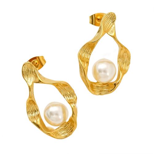 Boucle en acier inoxydable, Acier inoxydable 304, avec perle de plastique, Plaqué or 18K, styles différents pour le choix & pour femme & creux, Vendu par paire