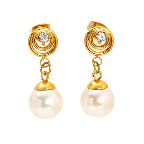 Boucle d'oreille goutte inox, Acier inoxydable 304, avec perle de plastique, Plaqué or 18K, pour femme & avec strass & creux, Vendu par paire