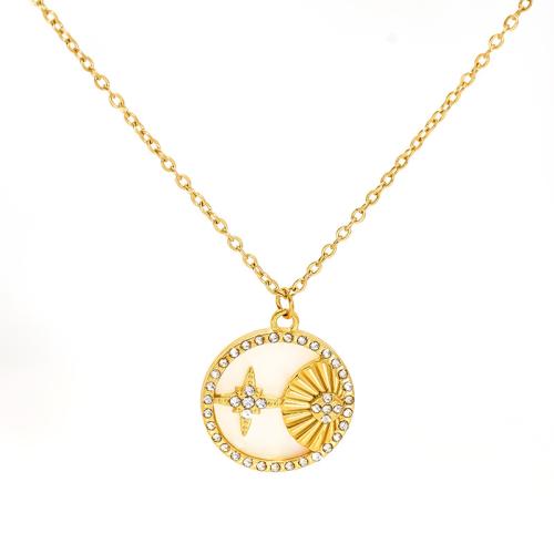 304 Stainless Steel Necklace, with Pearl Oyster, 18K gold plated & for woman & with rhinestone 