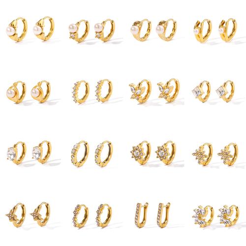 304 Stainless Steel Lever Back Earring, with Cubic Zirconia & Plastic Pearl, 18K gold plated, fashion jewelry & for woman 