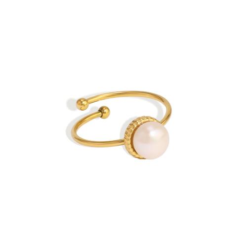 acero inoxidable 304 Anillo de dedo Cuff, con Perlas plásticas, chapado, Joyería & diferentes estilos para la opción & para mujer, dorado, Vendido por UD