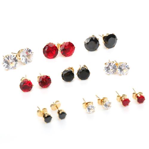 Titanium Steel Stud Earring, gold color plated & for woman & with cubic zirconia 