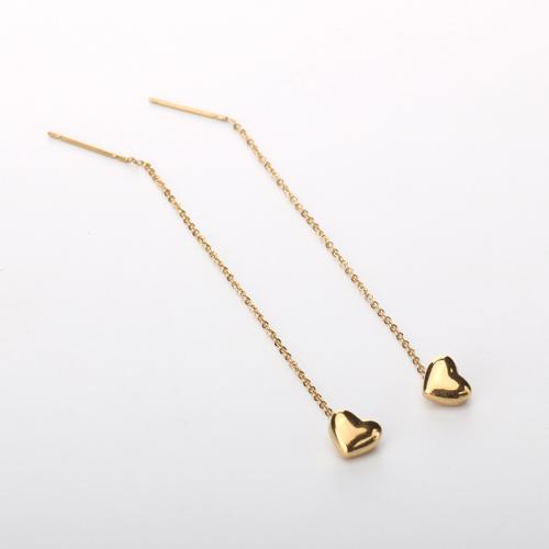 Titanium Steel Thread Through Earrings, Heart, gold color plated, fashion jewelry & for woman, earring length 40-60mm 